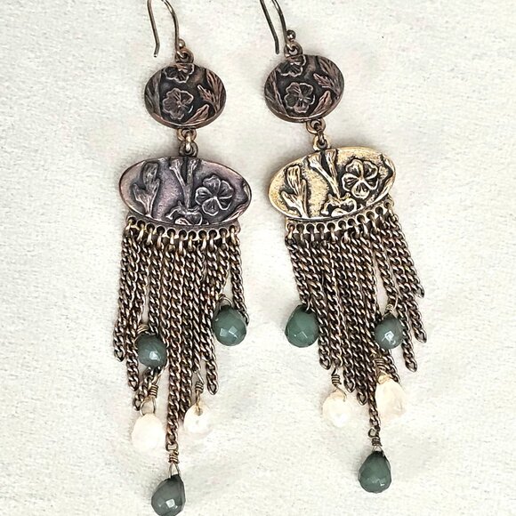 Lucky Brand Antiqued Brass Tiered Tassel Statement Earrings - Green Stone & Bead - Picture 3 of 4